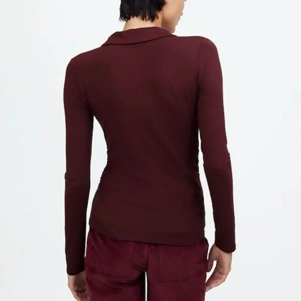 $58 Madewell Side-Cinch Long-Sleeve Polo Top - small - Burgundy - Picture 3 of 11